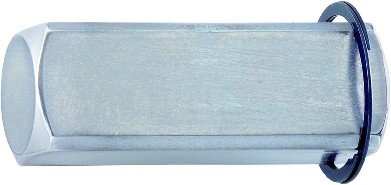 Cylindrical metal component with a shiny surface and a black rubber seal at one end, likely a technical part.