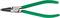 A green circlip pliers with narrow, pointed jaws, used for inserting or removing circlips.