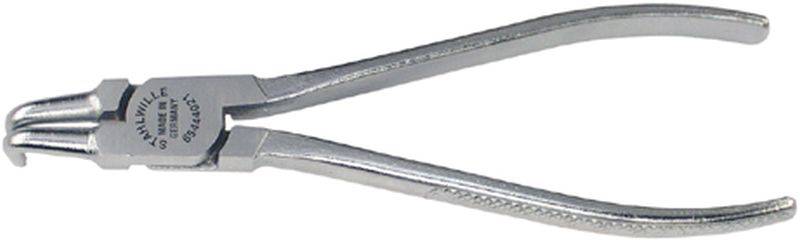 A silver pair of pliers with curved stainless steel tips, used for gripping or cutting workpieces. It has a knurled handle for improved grip.