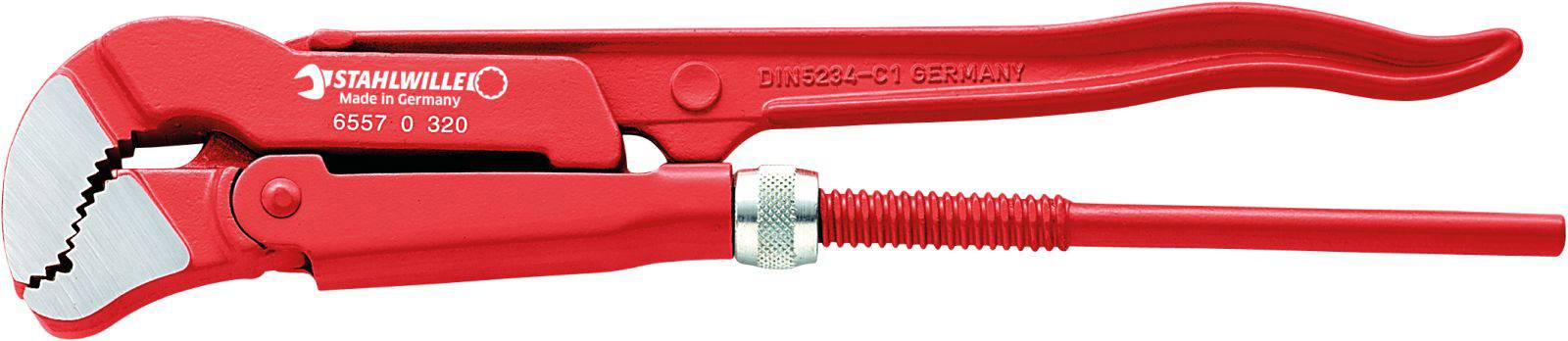 Red pipe wrench by Stahlwille, model O 320, with adjustable handle and serrated jaw, manufactured in Germany.