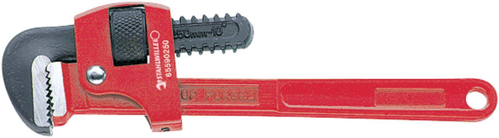 A red pipe wrench with serrated jaws, ideal for gripping and turning pipes and round components.