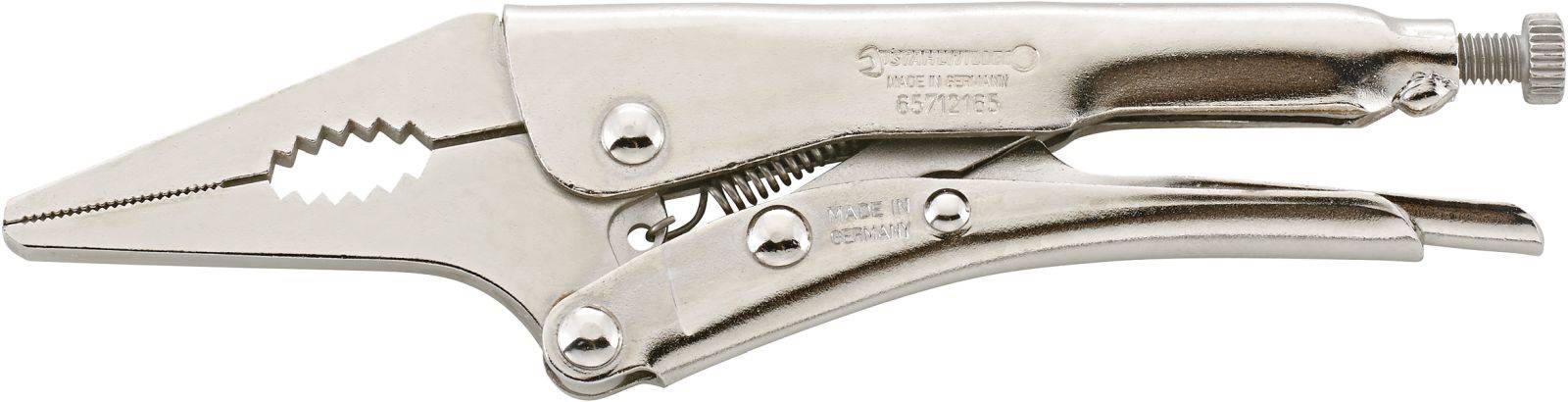 A silver locking pliers with a long, narrow gripper and serrated jaws, suitable for firmly gripping objects.