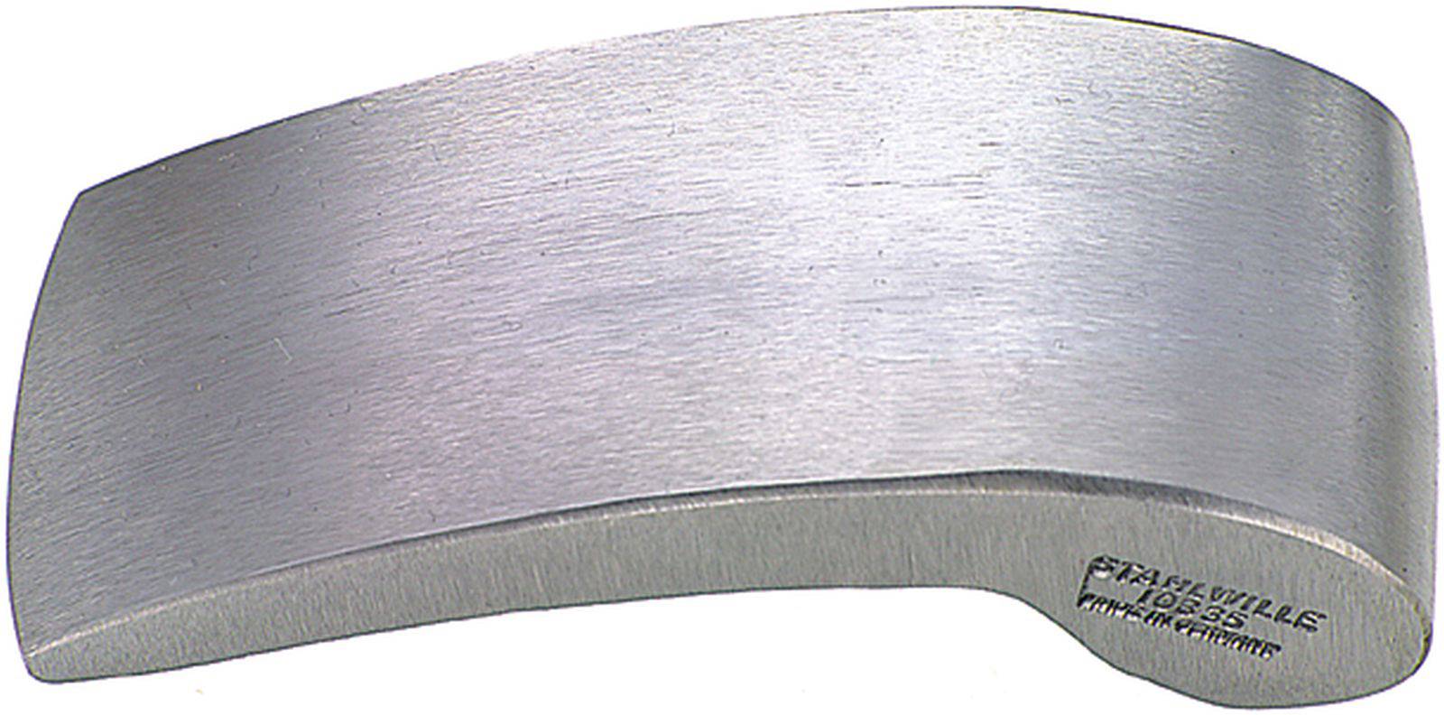Gleaming steel wedge with a curved form, potentially a tool attachment or component.