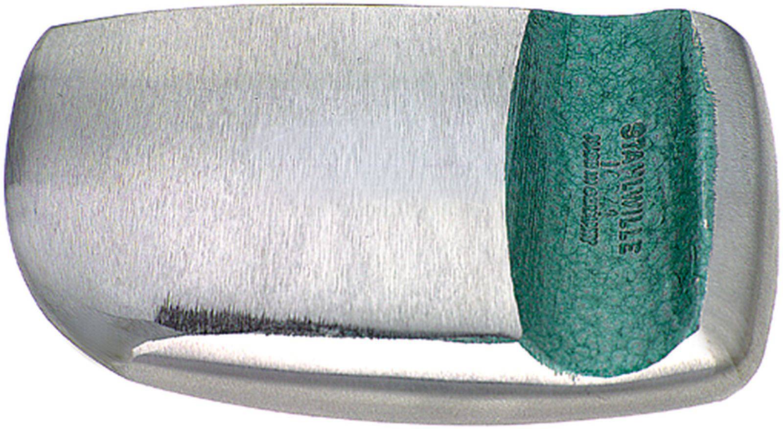 A metallic pumice stone with a green abrasive surface, on which the word "Shawhite" is written. Used for removing hard skin.