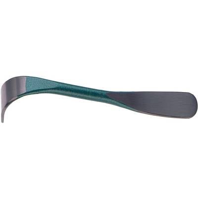 A green metal shoe horn with a curved shape designed to help easily put on shoes.