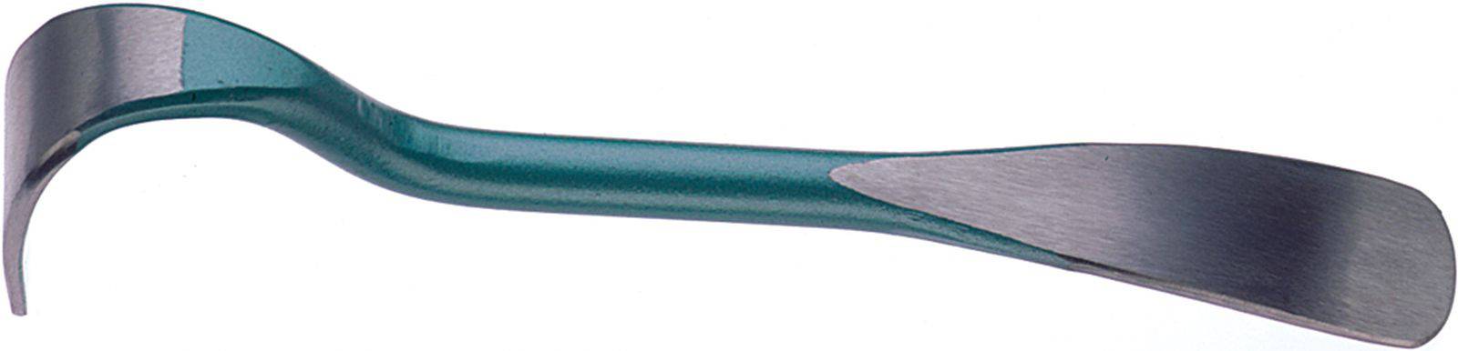 A surgical instrument with a curved hook and flat end, used in procedures to hold or manipulate tissue.