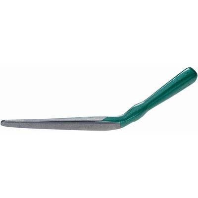 A green garden tool with a curved handle and flat metal blade, used for weeding or cultivating soil in the garden.