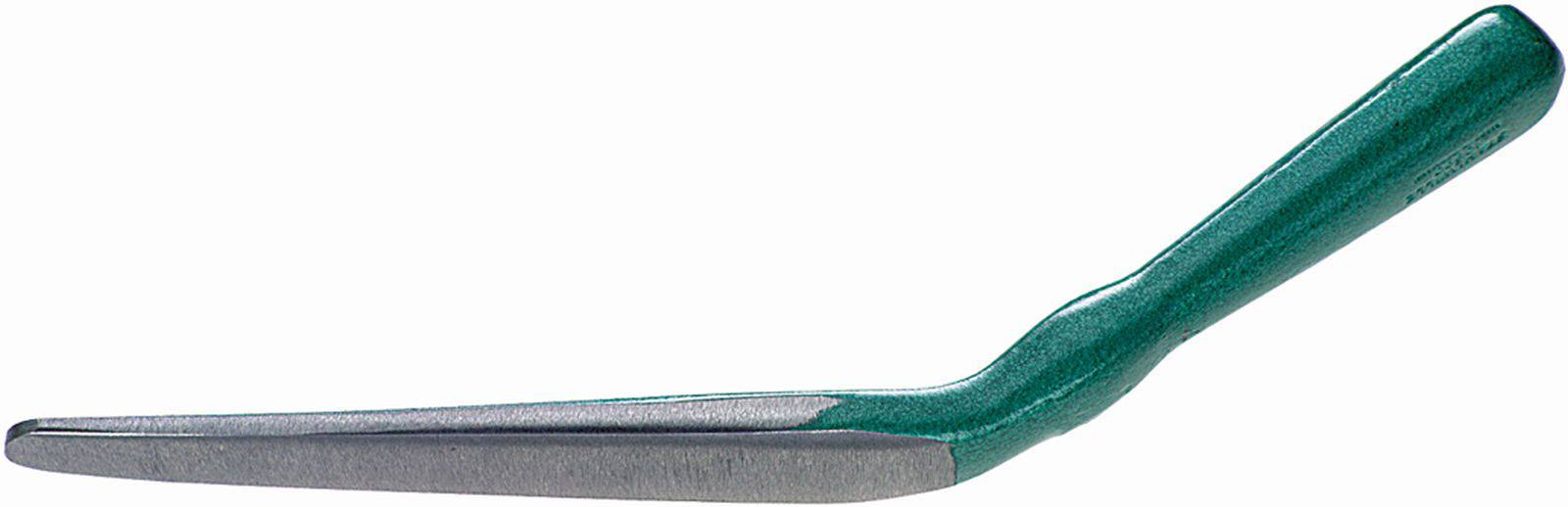 A green garden trowel with a curved handle and flat blade, used for planting or repotting garden plants.