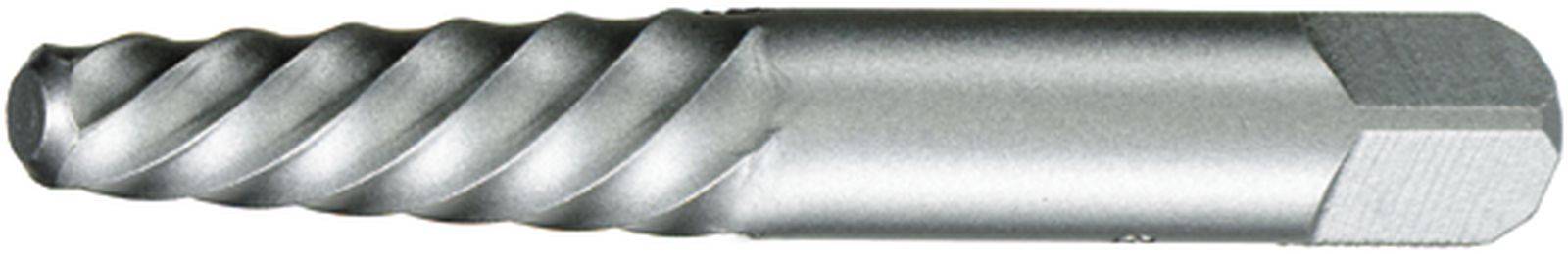 Metal cutting tool with spiral cutting edges and a hexagonal end made of silver-coloured metal, side view.