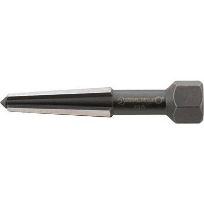 Metal reamer with tapered cutting edges, side engraving, positioned horizontally. Used for machining drilled holes.