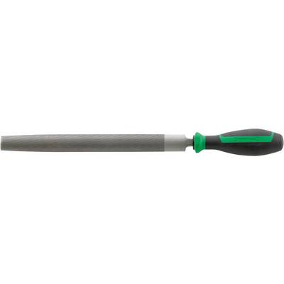 Flat file with a green-black handle, suitable for smoothing surfaces.