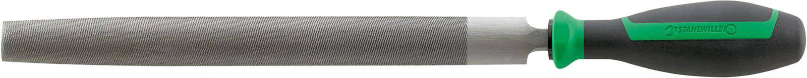 A metal file with a green and black handle, suitable for smoothing and shaping metal surfaces.