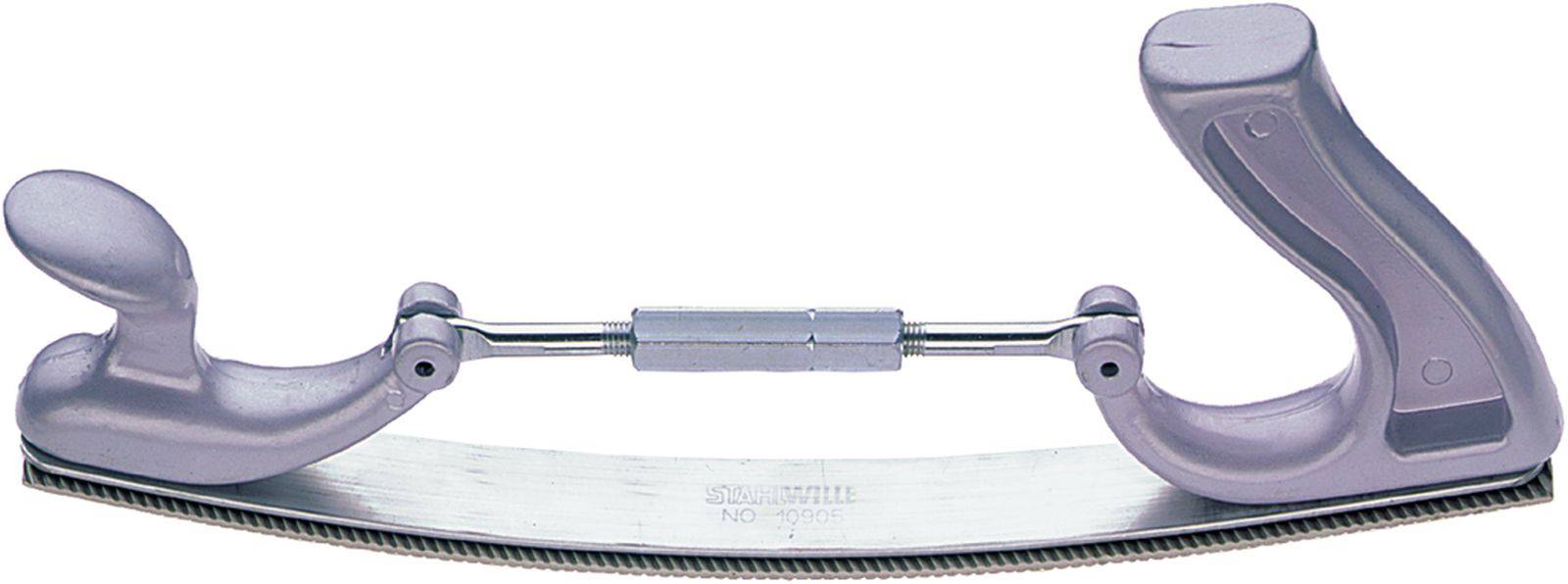 An ergonomic device for nail treatment, comprising a curved sanding block with two handles at each end.