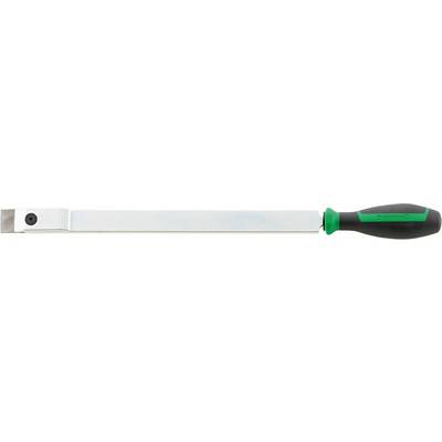 Silver-coloured pipe cutter with black and green handle, shown against a white background.