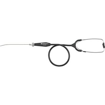 A black stethoscope with a long, slender head and flexible tube lies against a white background.