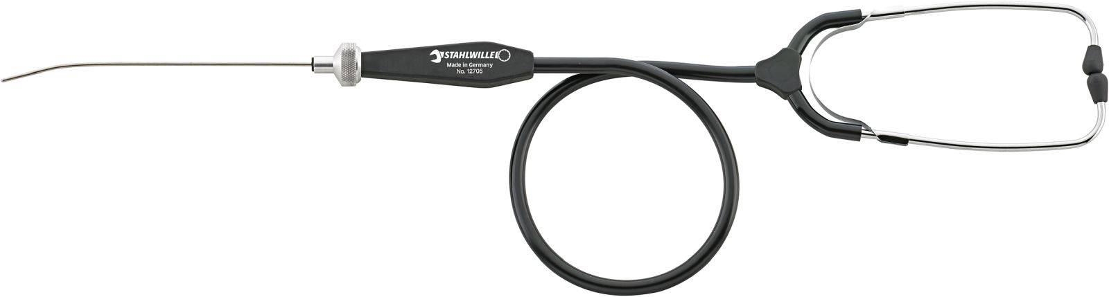 A medical instrument with a long, curved metal rod and a flexible tube, used for endoscopic examinations.