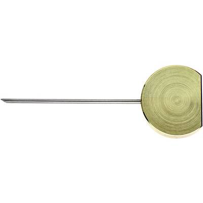 A metal compass consists of a round brass body with a long metal arm, used for drawing precise circles.