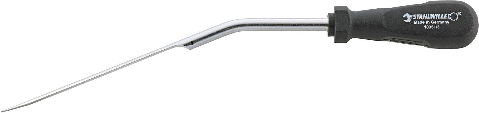 A vehicle bodywork dent repair tool with an ergonomic handle and angled metal tip, suitable for precise bodywork repairs.