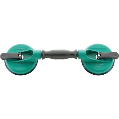 Double suction lifter in green with a black handle, used for lifting glass or smooth surfaces.
