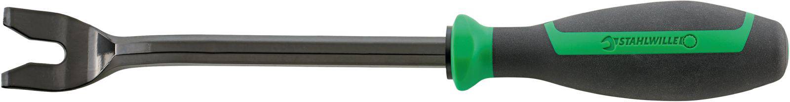 A black crowbar with a green handle, commonly used for removing or loosening fastenings.