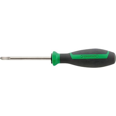 A screwdriver with a green and black handle, flat tip, and metal shaft.