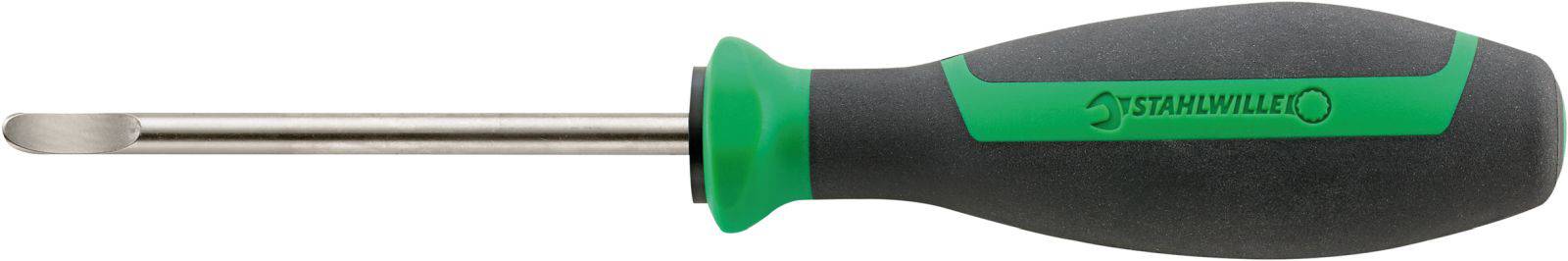 Screwdriver with a black handle and green accent, suitable for slotted screws. Perfect for DIY and repairs.