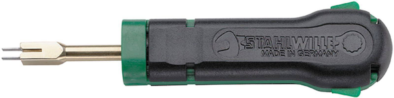 Screwdriver with a black handle and green accent, brand logo and inscription "Made in Germany".