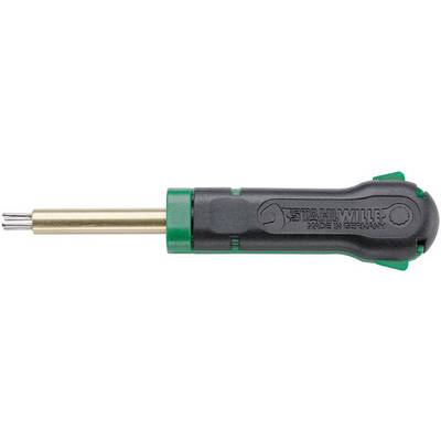 Screwdriver with a black handle and green accent, metal tip, with embossed text 'STAHLWILLE MADE IN GERMANY'.