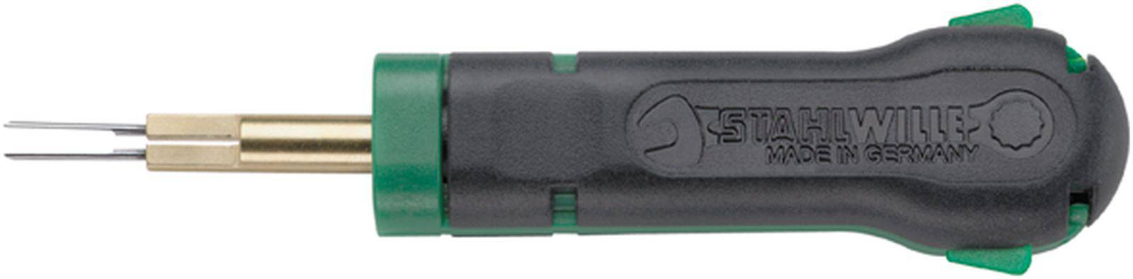 A tool for connecting cables in LSA technology, black handle with green ends, brand name 'Steinel Made in Germany'.
