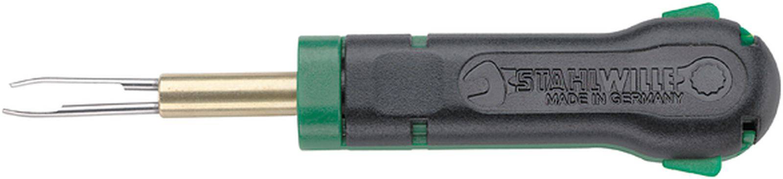 A black and green wire stripper with metal tips and the inscription 'STAHLWILLE Made in Germany' on the handle.