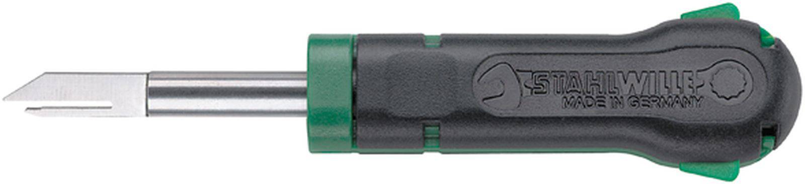 A black and green screwdriver with a flat, broad metal head, suitable for specialist applications.