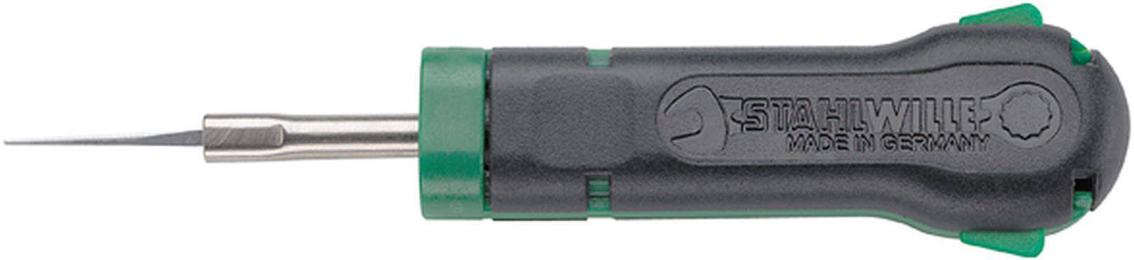 A precision tool with a black handle and green accents, marked with 'STAHLWILLE, Made in Germany'.