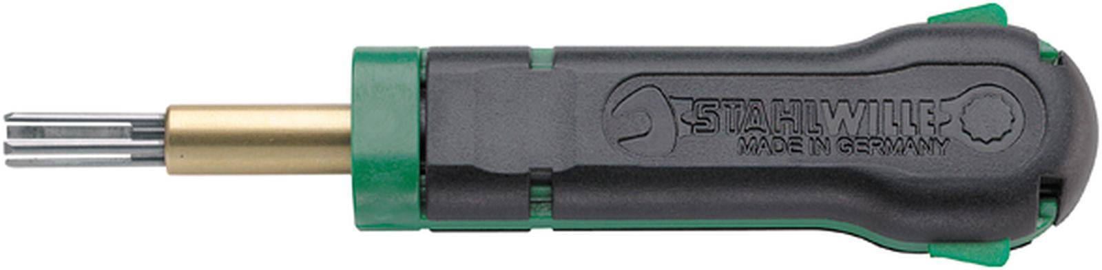 Screwdriver with interchangeable bit, black handle, labelled 'STAHLWILLE MADE IN GERMANY', green and black design, suitable for tradespeople.