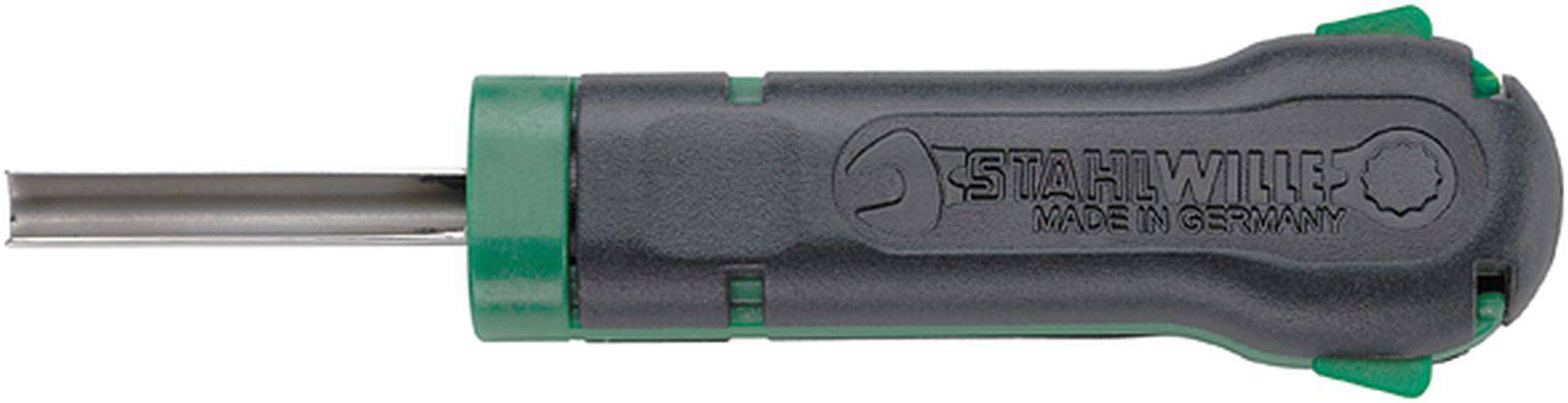Screwdriver with a black handle and green tip, metallic shaft, with the inscription 'Stahlwille Made in Germany'.