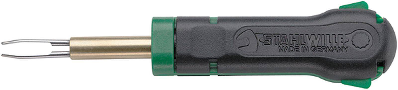Black and green desoldering tool handle with two metal tips, product label 'STAHLWILLE MADE IN GERMANY' visible.
