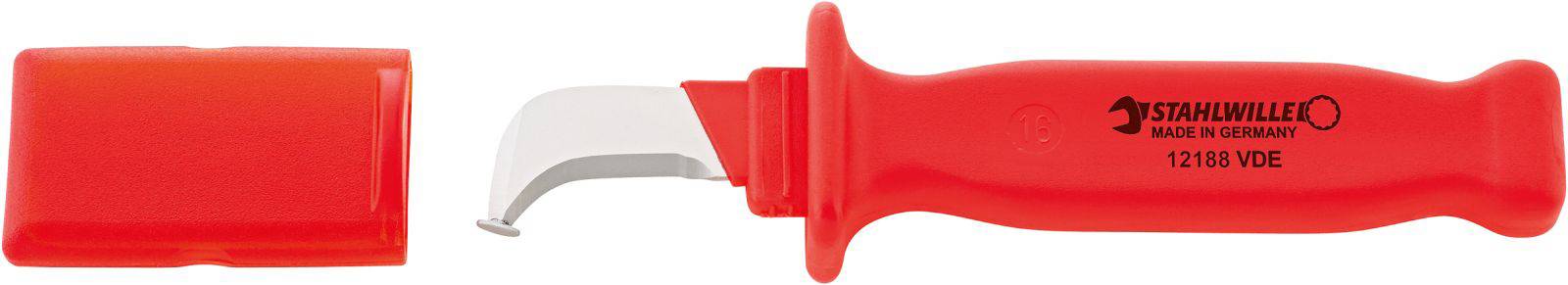 Red, isolated VDE insulated knife with protective cap, suitable for safe working on electrical lines.