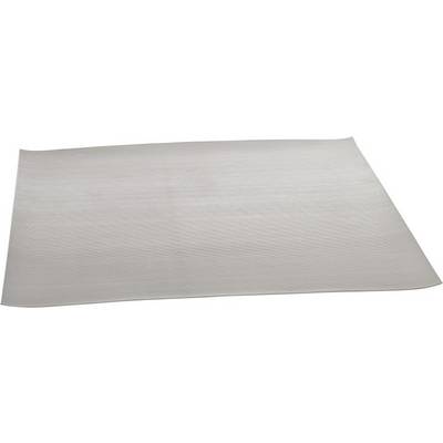 A grey, rectangular yoga mat lies flat on the floor. It has a textured surface.
