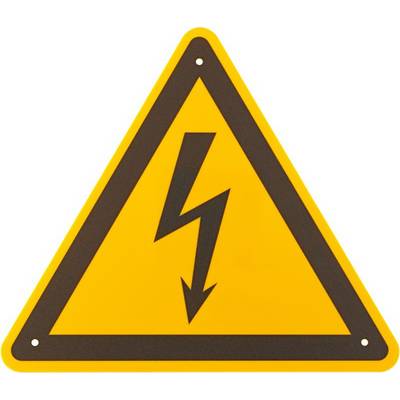 Yellow warning sign with a black lightning symbol, indicating electrical danger.