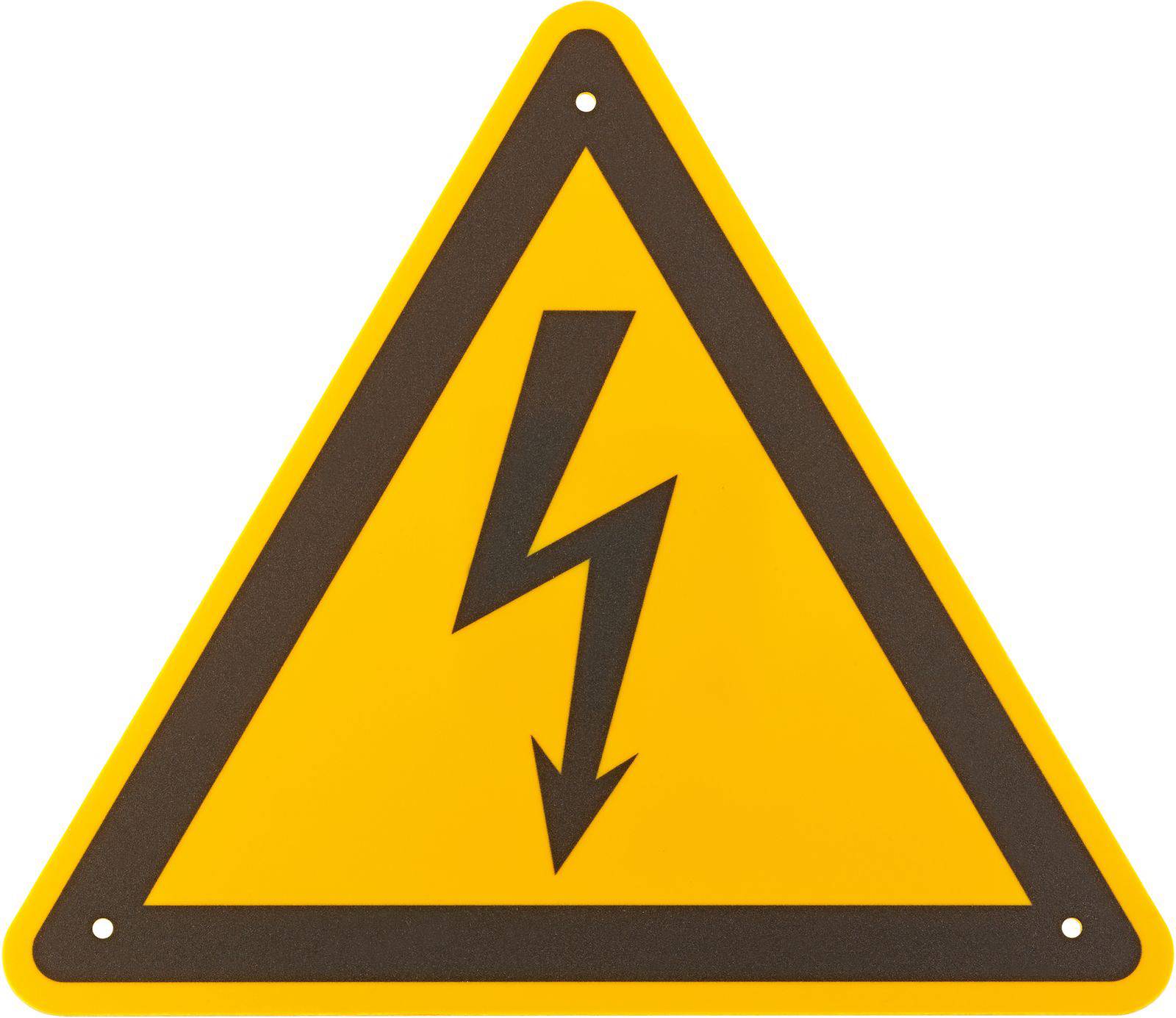 Yellow triangular warning sign with a black lightning symbol indicating electrical hazard.