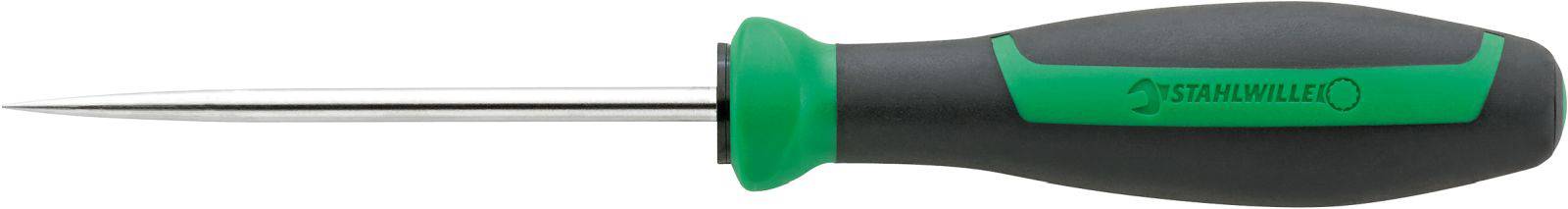 A grey and green screwdriver with an ergonomic handle and a slim, pointed blade.