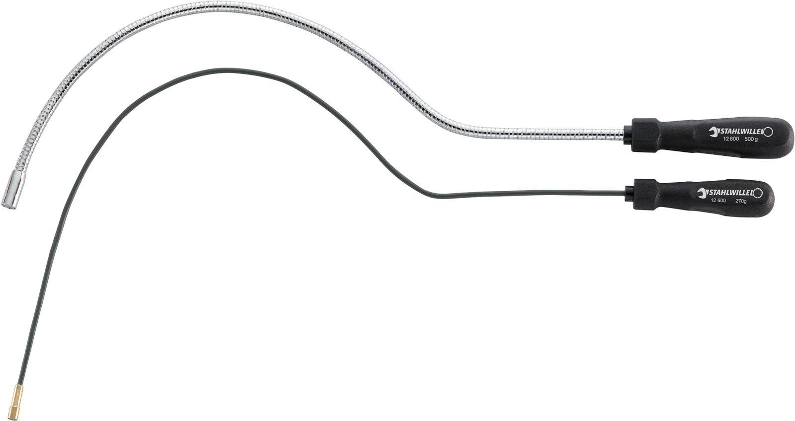 Two flexible gripping tools with black handles. The upper one has a silver, wavy shaft, the lower one a smooth, black shaft.