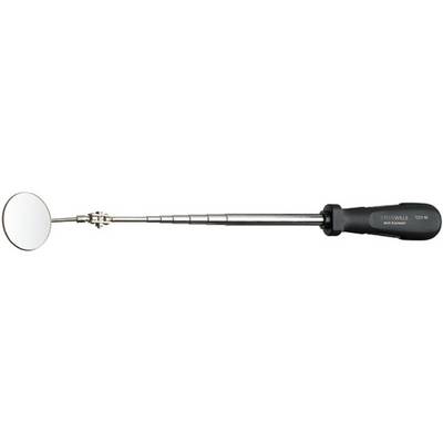 Telescopic mirror with extendable handle and circular mirror at the end, used for inspections in hard-to-reach areas.