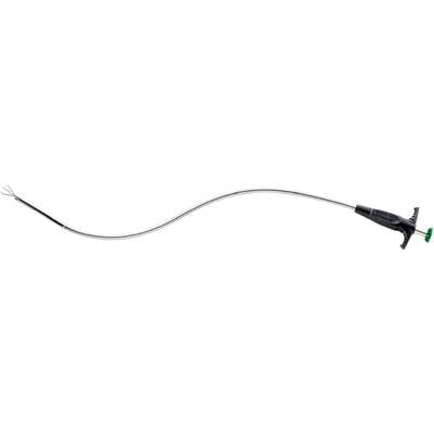 A surgical instrument with a curved, long handle and a fine forceps head, used for precise surgical procedures.