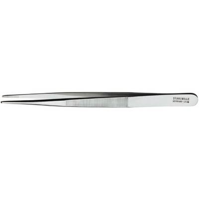 Silver-coloured tweezers in close-up, with slender tips. They are lying horizontally with the handle visible on a light surface.