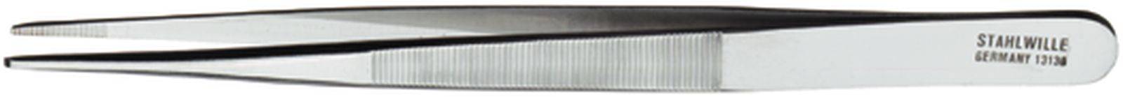 Silver metal tweezers with a fine tip, slightly open. 'SWISS MADE' is engraved on the right side. Used in medical contexts.