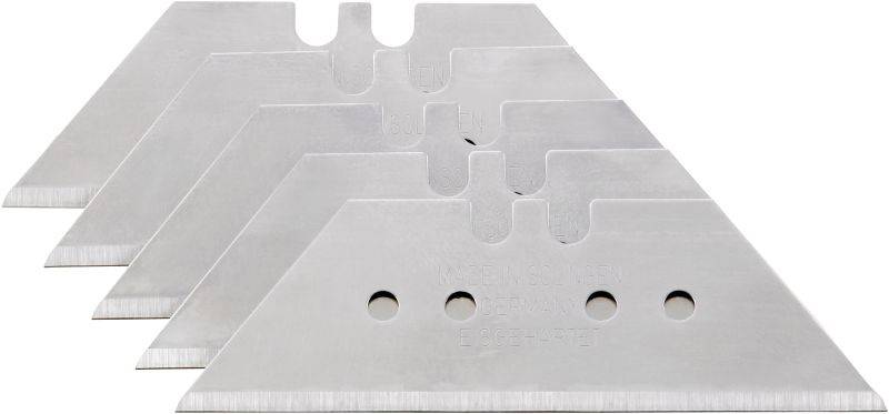 Four trapezoidal universal knife blades made of stainless steel, slightly offset when stacked, display the sharp edges and mounting holes.