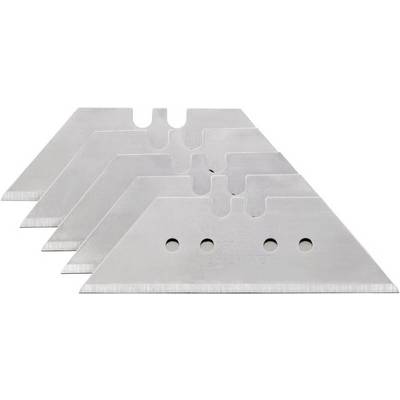 Four trapezoidal universal knife blades made of stainless steel, slightly offset when stacked, display the sharp edges and mounting holes.