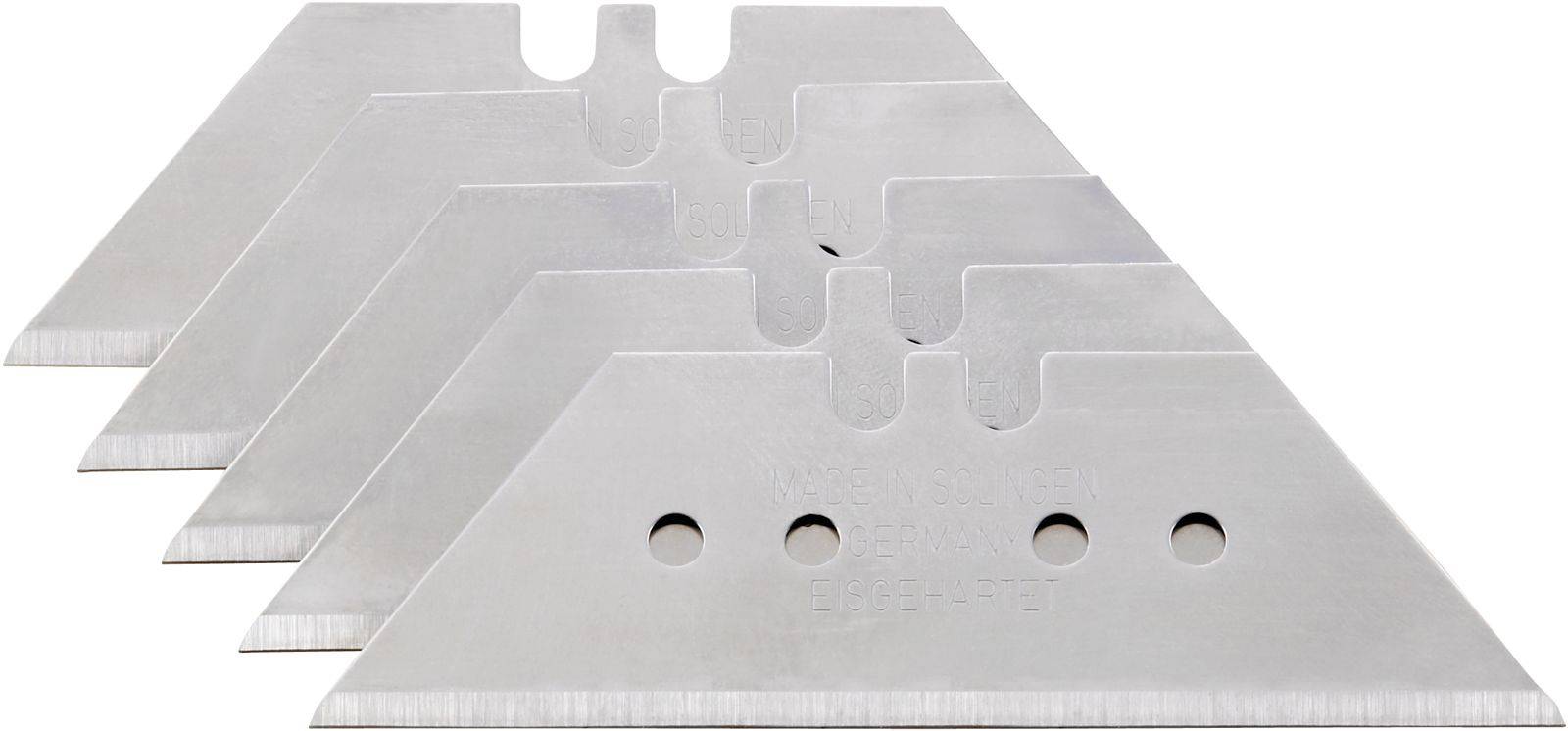 Replacement blades for carpet knife, four pieces, silver-coloured, arranged side by side.