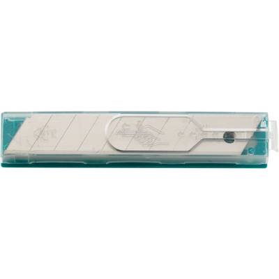 A replacement blade box made of green plastic, which safely stores several trapezoidal blades.