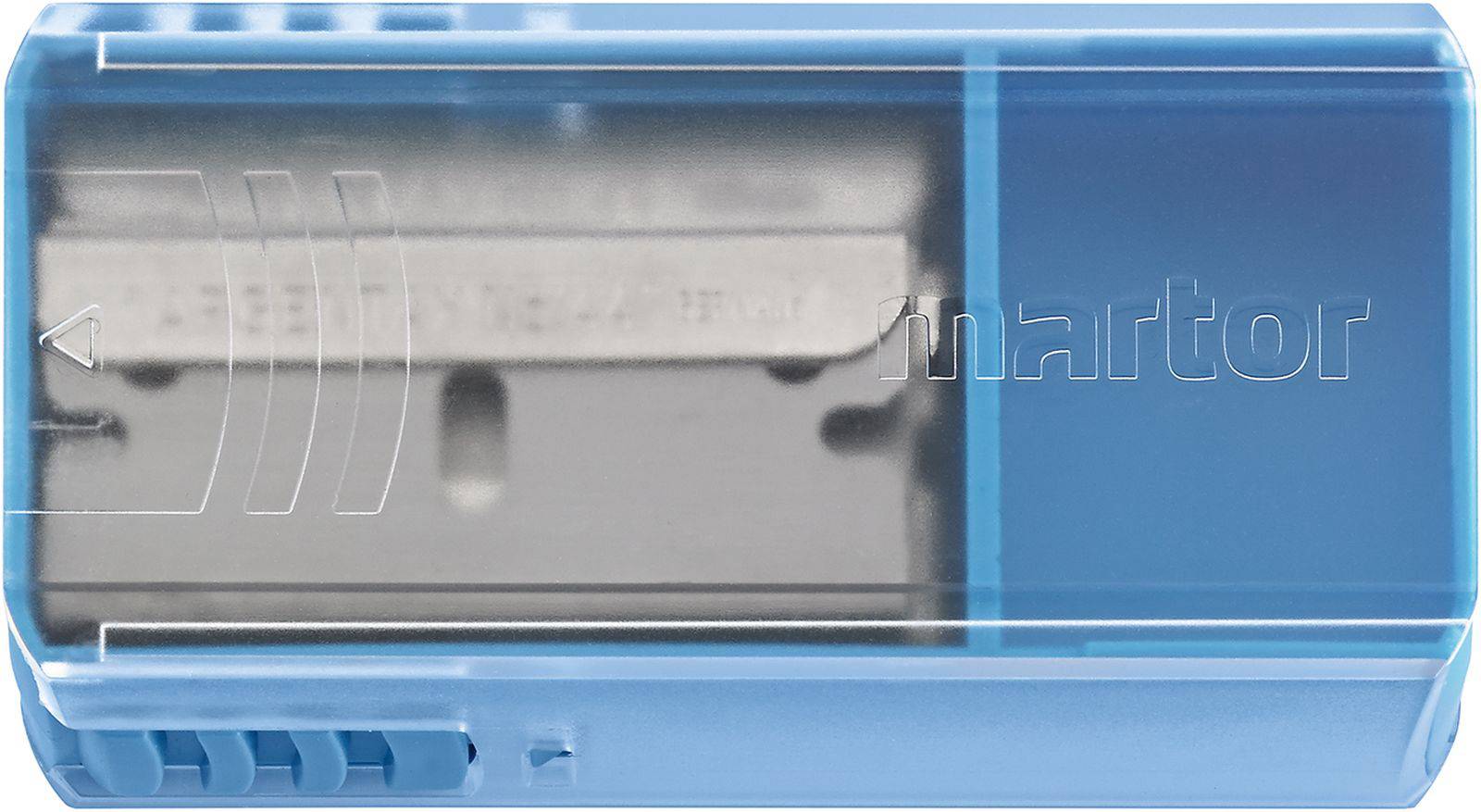 Blue plastic holder with encapsulated blade visible from above. Logo and marking on the surface. Safety tool.